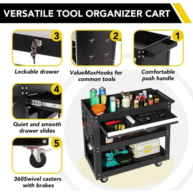 Rolling 3-Tier Tool Box with Wheels, Heavy Duty