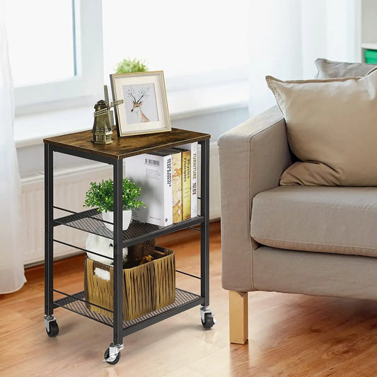 3-Tier Rolling Side Table, End Table w/Storage Shelves, Nightstand.