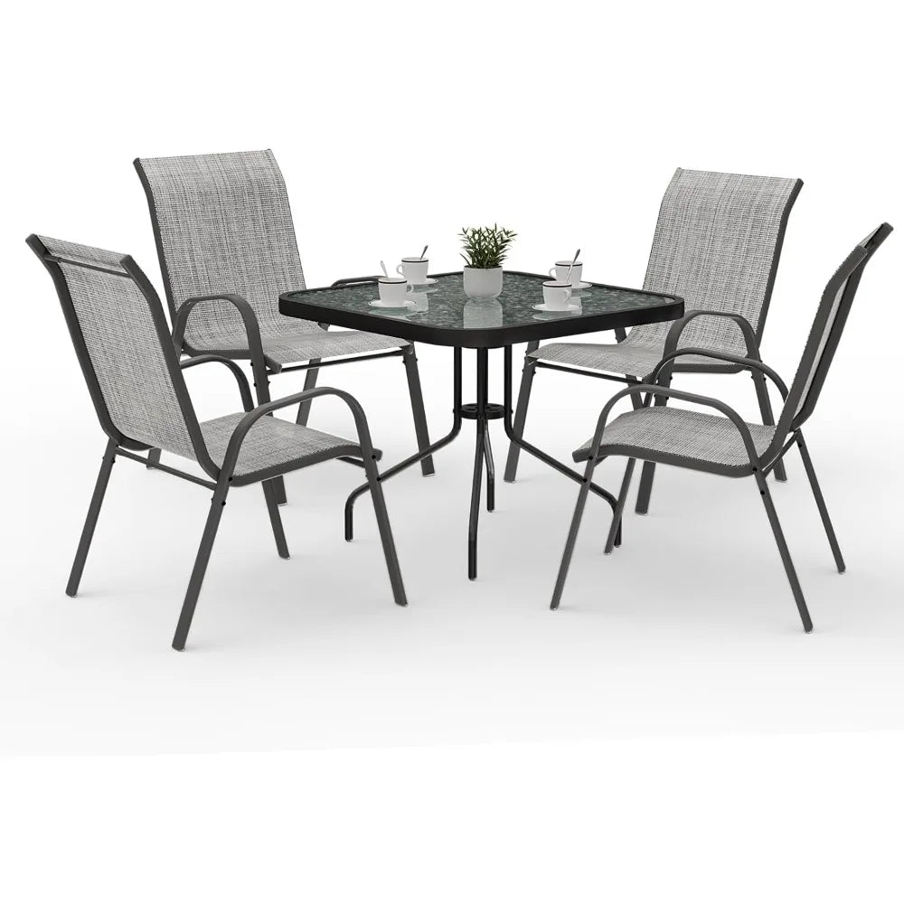 Outdoor Dining Set w/ 4 Stackable Patio Chairs.