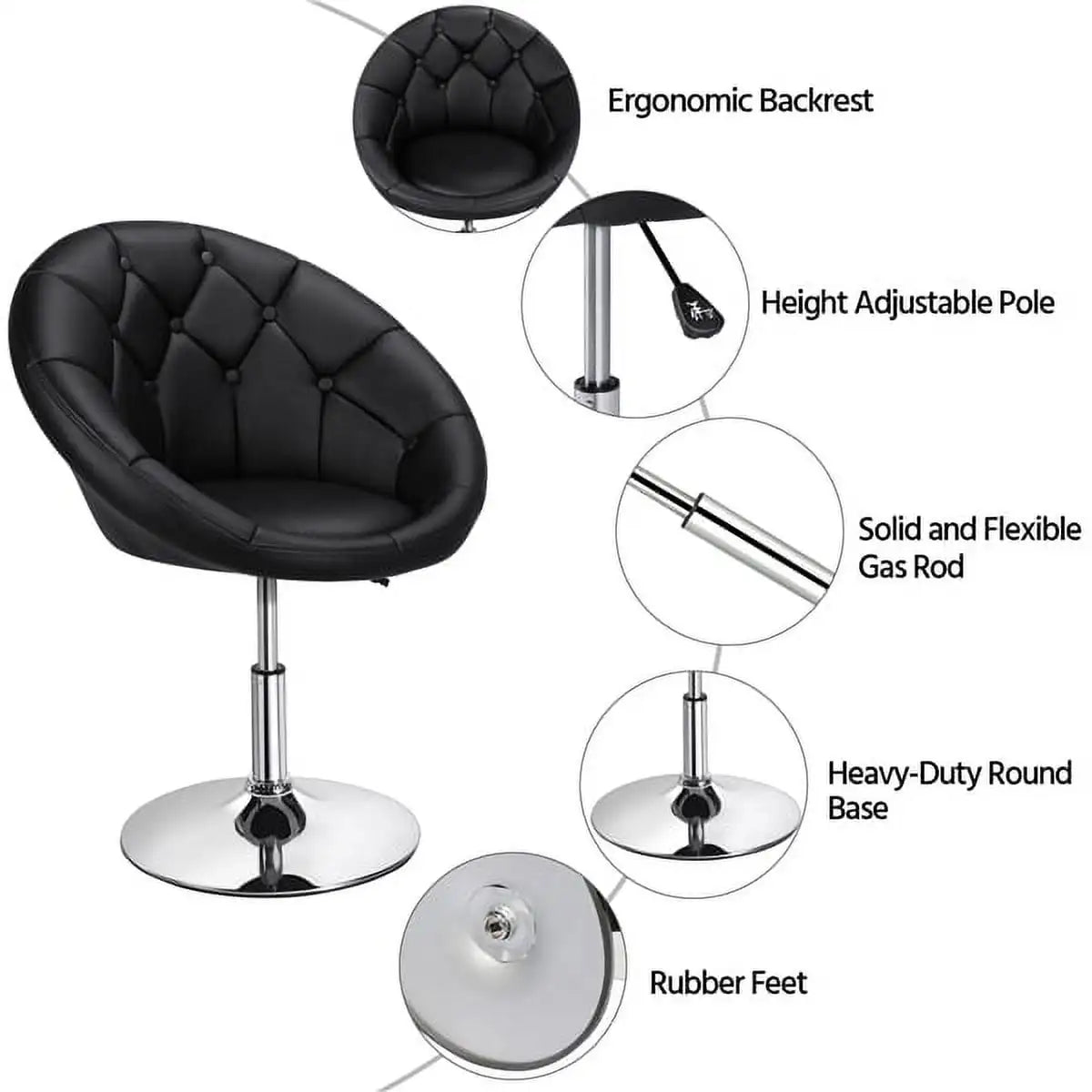 Modern Tufted Adjustable Barrel Swivel Chair, Black Faux Leather.