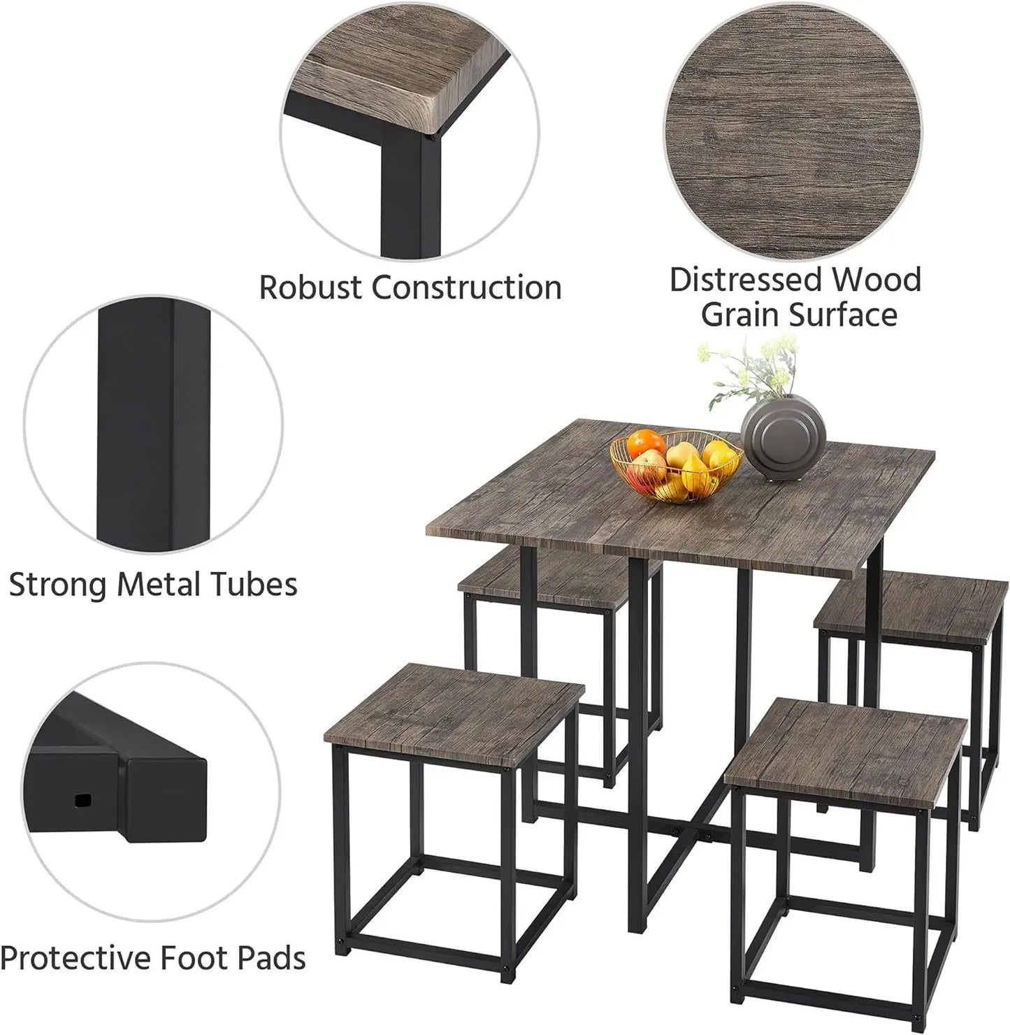 5-Piece Dining Table Set with 4 Stools - Industrial & Compact.