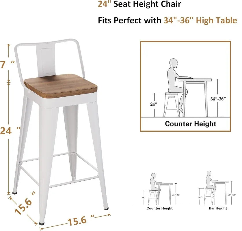 4 - Metal Counter Height Bar Stools, Wooden Seat.