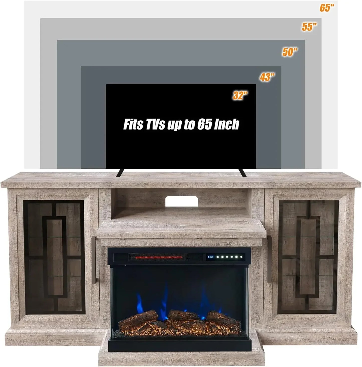 59 Inch LED TV Stand with 3-Side Glass Fireplace.,