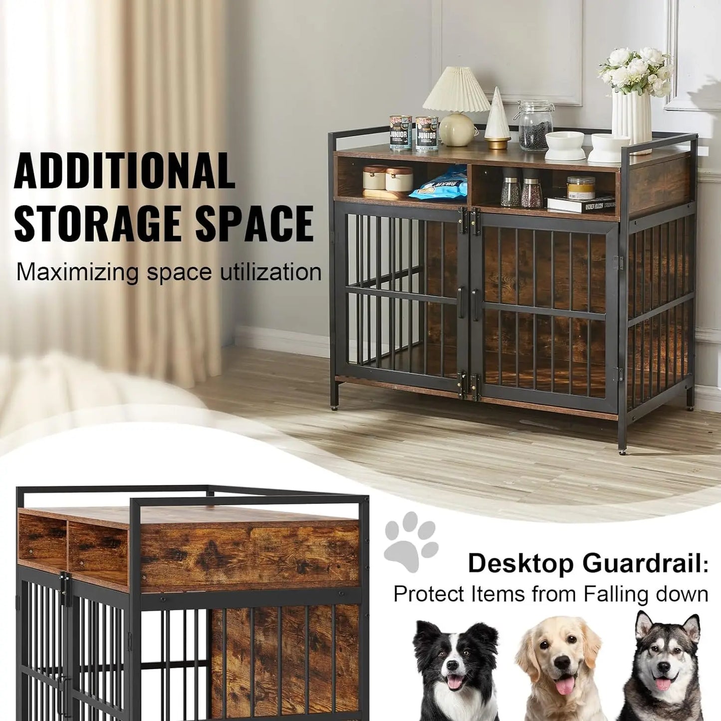 Furniture style dog cage w/ storage space and double doors.