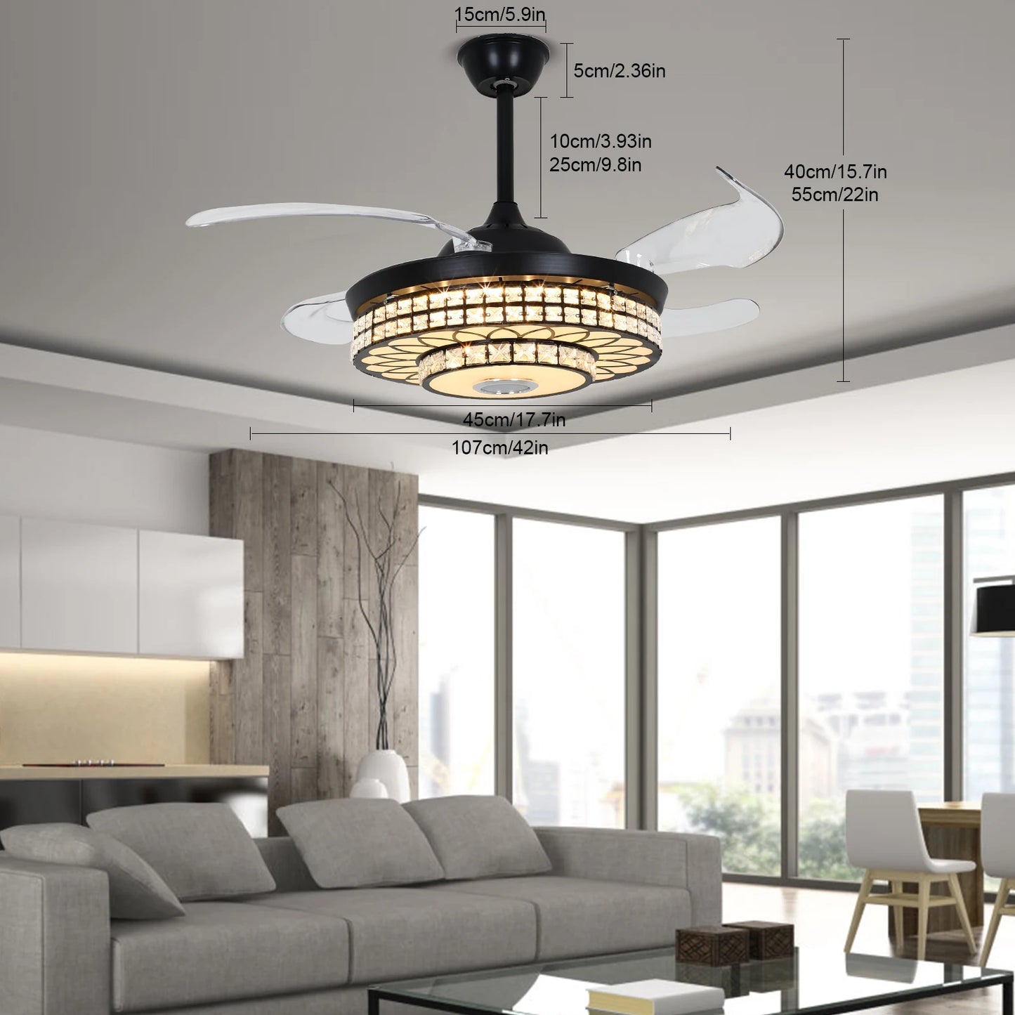 42" Retractable Ceiling Fan w/ Light & Bluetooth Speaker Dimmable LED.