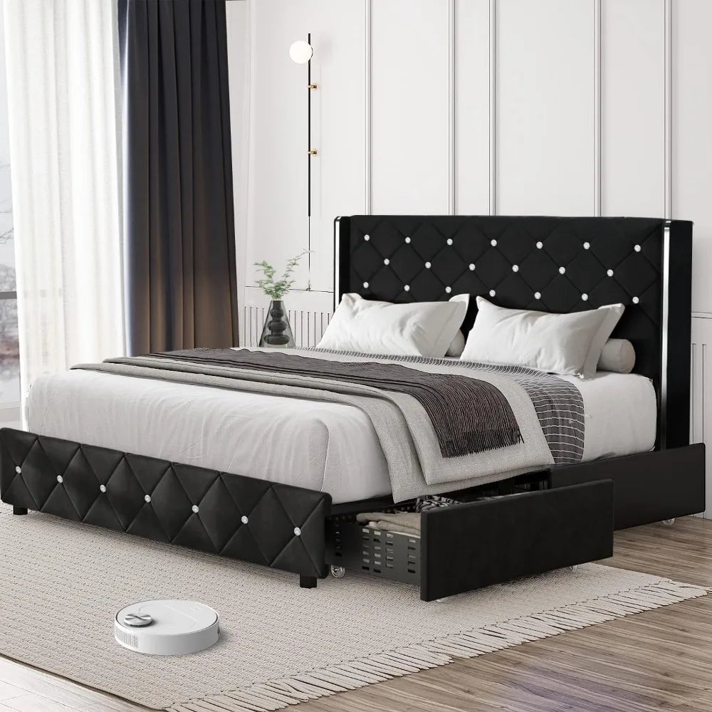 Velvet Tufted Diamond Platform Bed Frame with Wingback Headboard