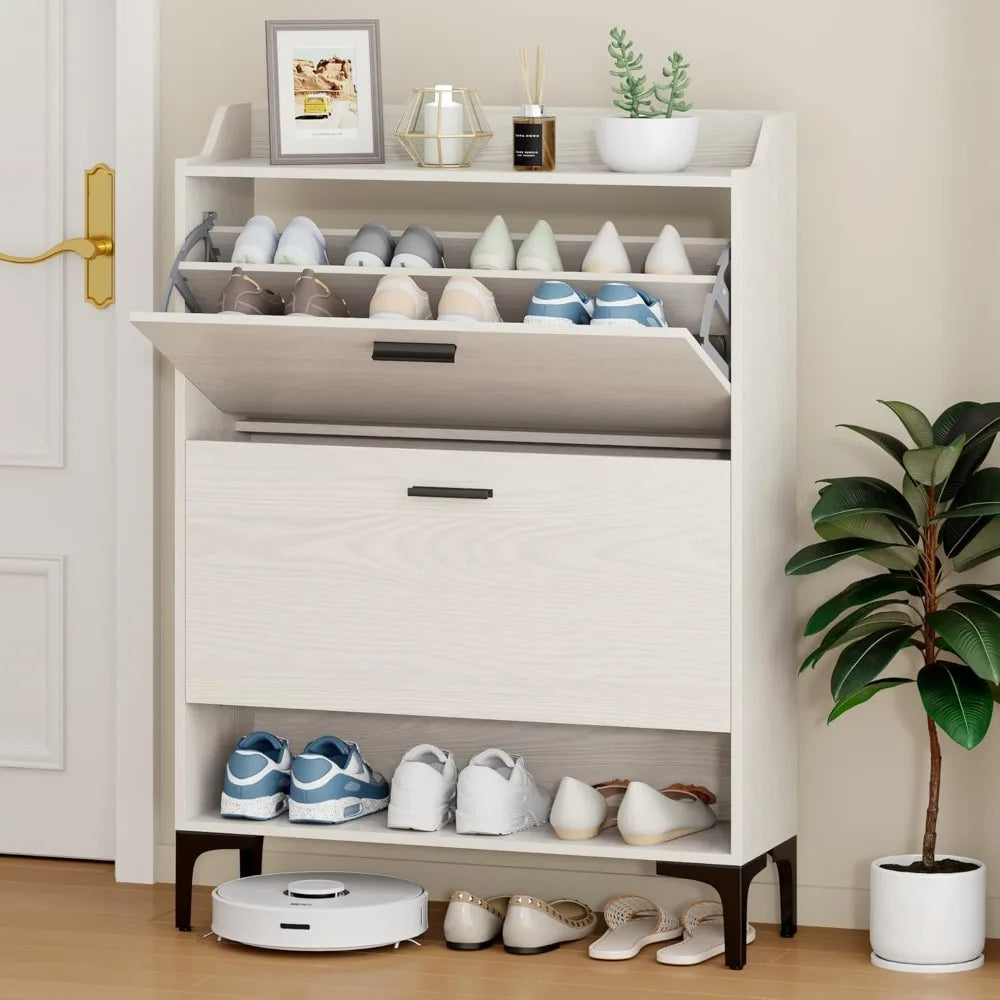 Modern Hidden Shoe Organizer, Freestanding w/2 Flip Drawers.