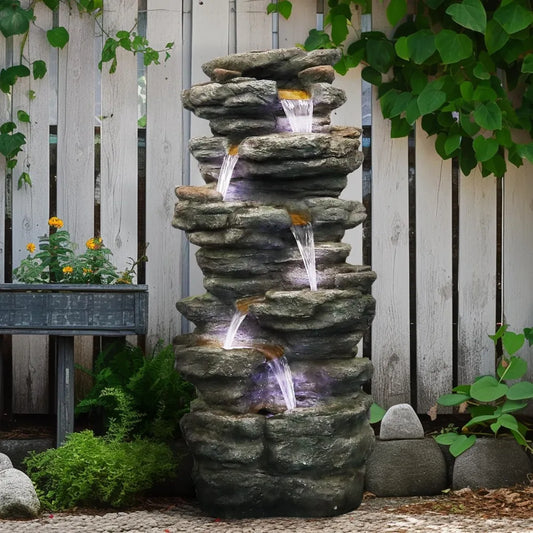 6-Tiers Cascading Rock Waterfall with LED Lights.