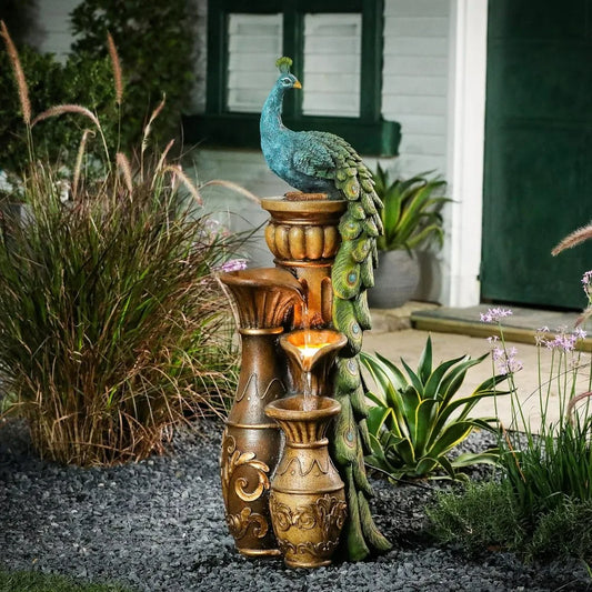 44" Resin Pedestal Peacock and Urns Water Fountain.