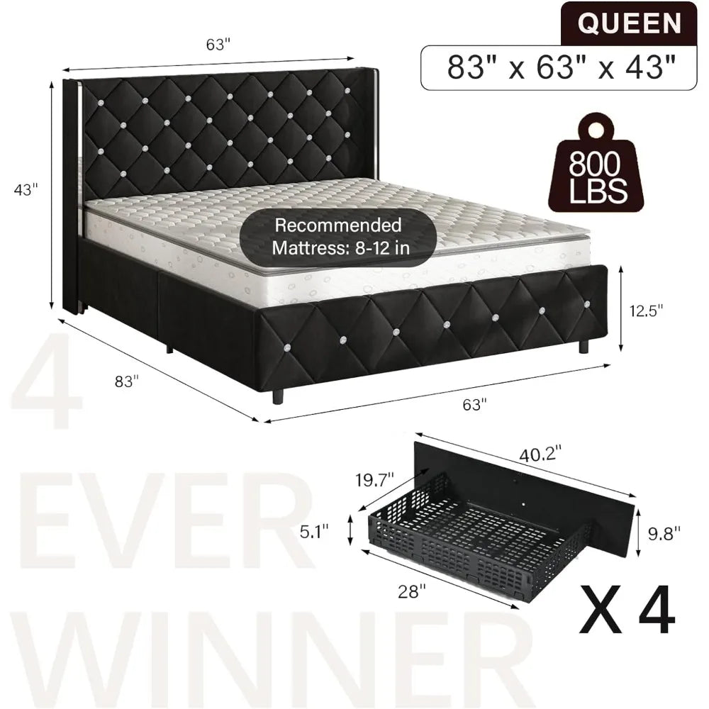 Velvet Tufted Diamond Platform Bed Frame with Wingback Headboard