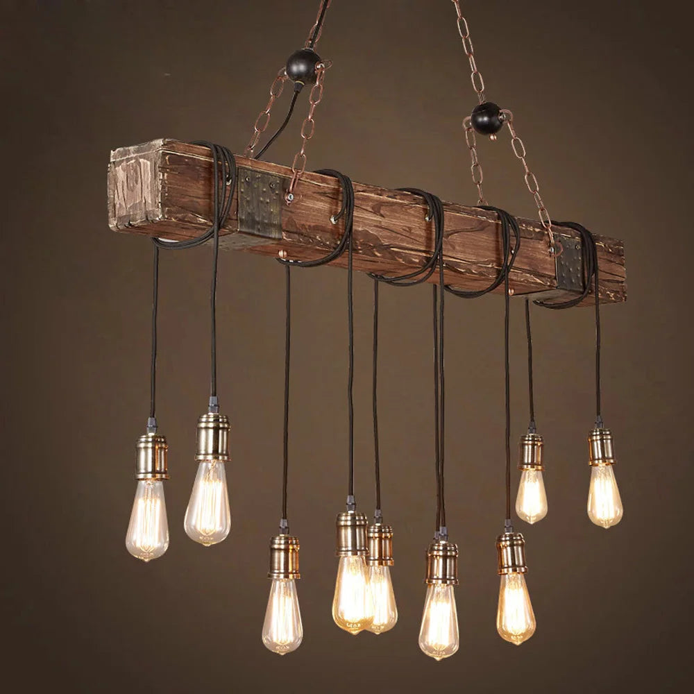 10-Lights Chandelier Wooden Retro Rustic Pendant Light