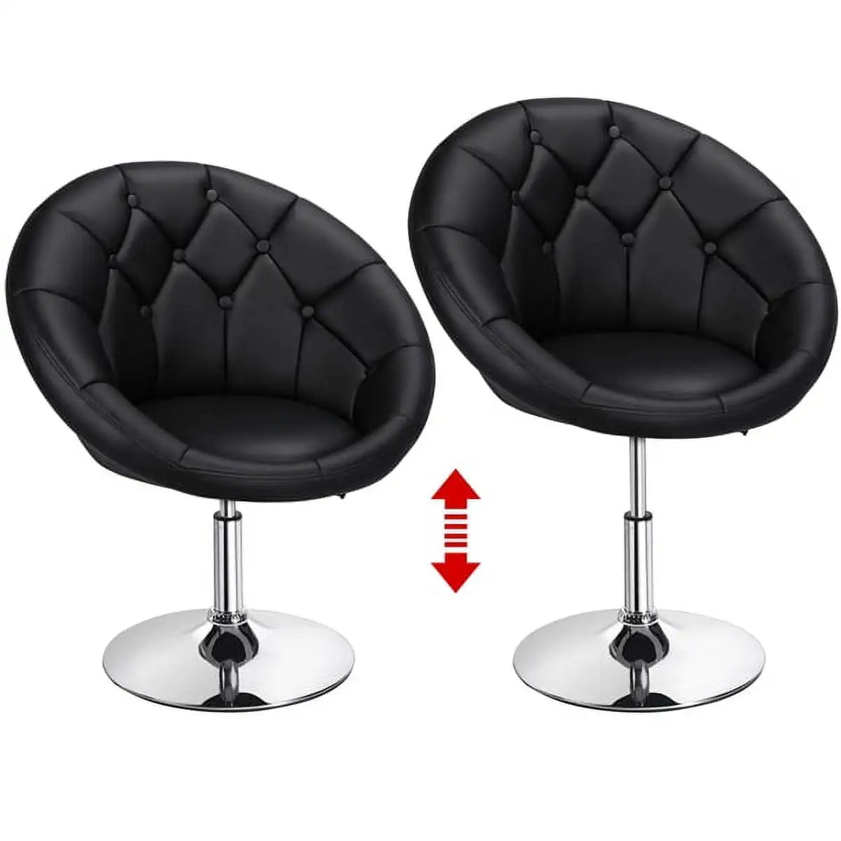 Modern Tufted Adjustable Barrel Swivel Chair, Black Faux Leather.