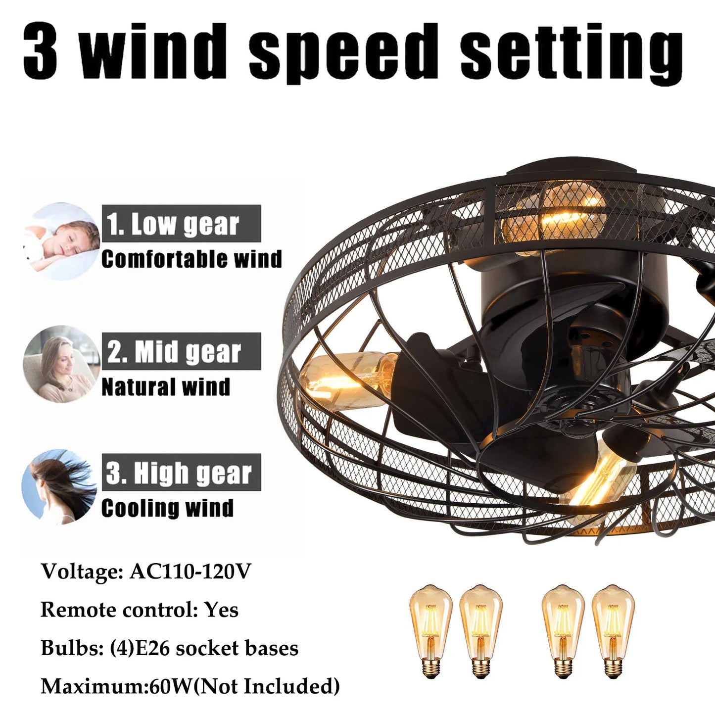 20" Ceiling Fan Light Black Remote Control W/Silent Copper Motor+.