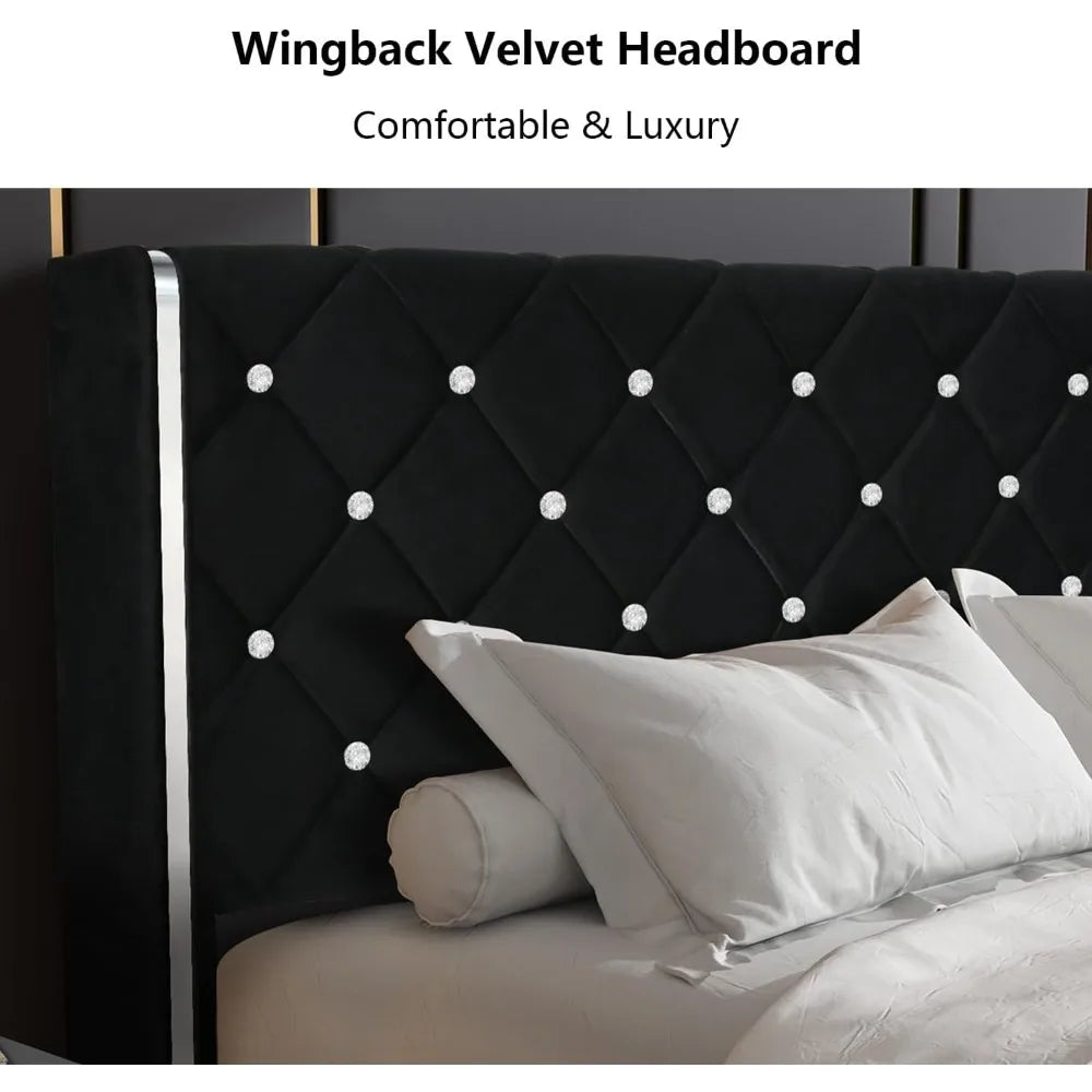 Velvet Tufted Diamond Platform Bed Frame with Wingback Headboard