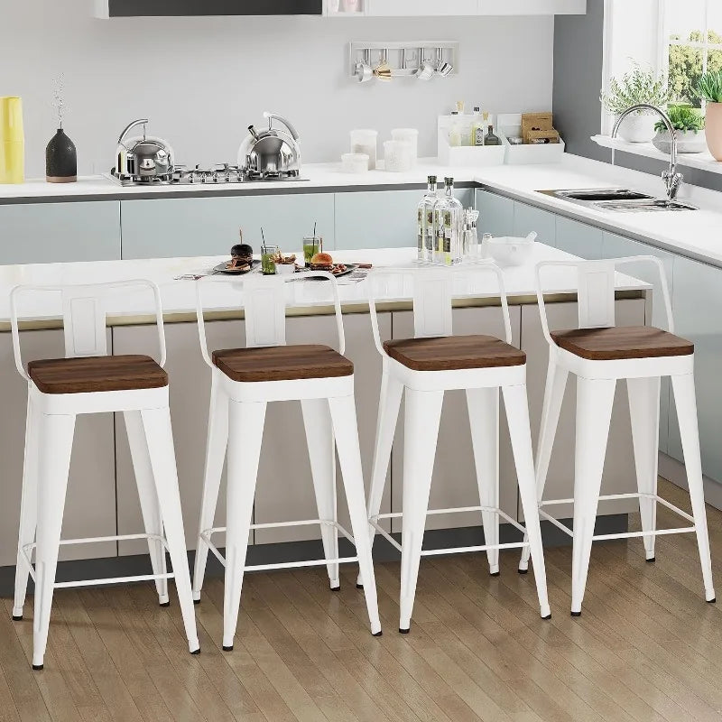 4 - Metal Counter Height Bar Stools, Wooden Seat.