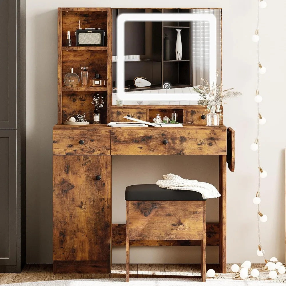 Vanity Desk with Drawers & LED Lighted Mirror & Power Outlet & Cabinet, Storage Stool, Stylish Bedroom Makeup Table