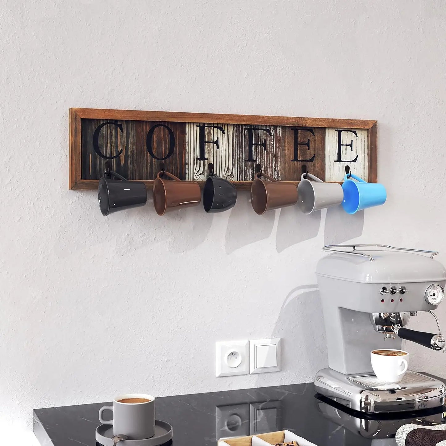 Printed Solid Wood Coffee Sign,6 Cup Hooks & Organizer.