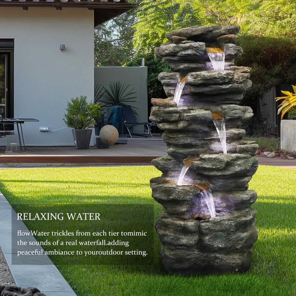 6-Tiers Cascading Rock Waterfall with LED Lights.