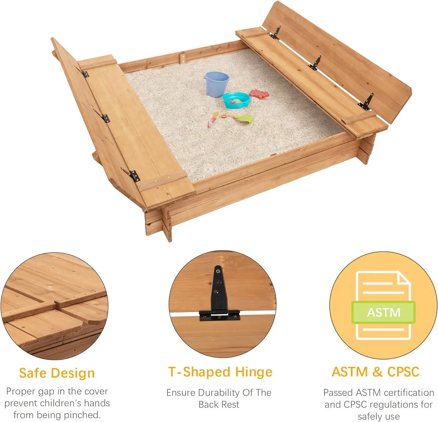 48" Wood Sandbox with 2 Bench Seats & Lid for Kids.