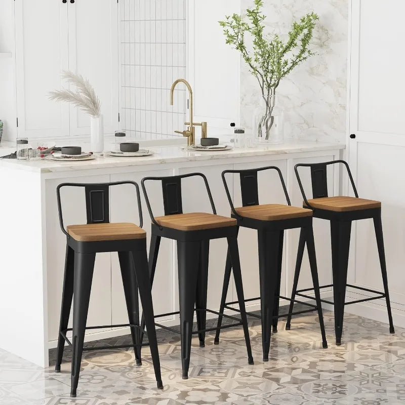 4 - Metal Counter Height Bar Stools, Wooden Seat.