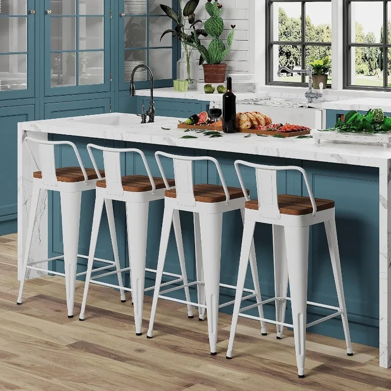 4 - Metal Counter Height Bar Stools, Wooden Seat.