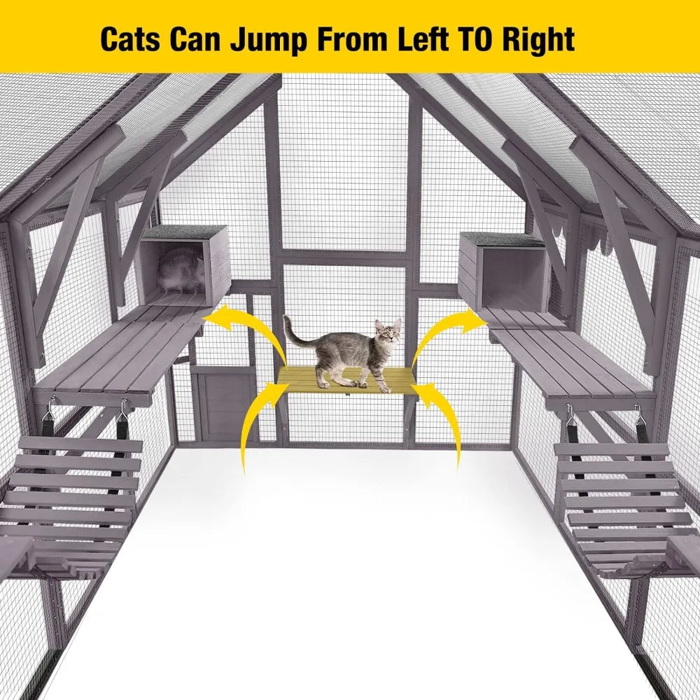 Catio Large Cat Run w/Bridges, Walks, Small Houses, Roof Cover.