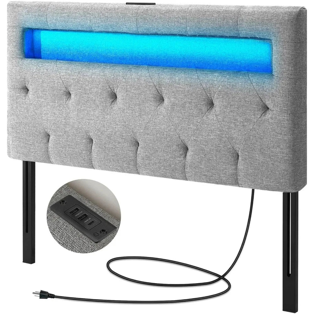 Linen Headboard with LED Light, USB & Type C Post, Attach Frame.